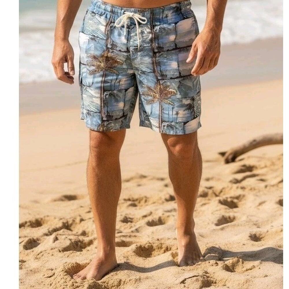 Croft & Barrow Swim Trunk Shorts XXL 2XL Blue Tropical Palms Patchwork Island